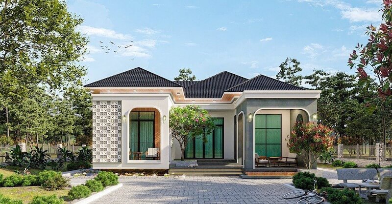 Công trình mang hơi hướng tân cổ điển nhẹ, thể hiện qua hệ cột thanh thoát, phào chỉ tiết chế, mái Thái cao ráo, tạo tổng thể trang nhã, sang trọng nhưng không cầu kỳ