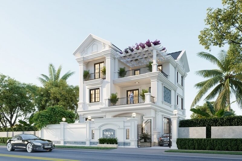 Giàn pergola trên sân thượng kết hợp cây leo, làm mềm hình khối cổ điển, mảng tường phẳng, phào chỉ tiết chế giúp tổng thể sang nhưng không nặng nề, phù hợp biệt thự phố