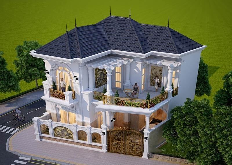 Hệ ban công góc liên hoàn dùng lan can sắt mỹ thuật mạ vàng tạo điểm nhấn sang trọng