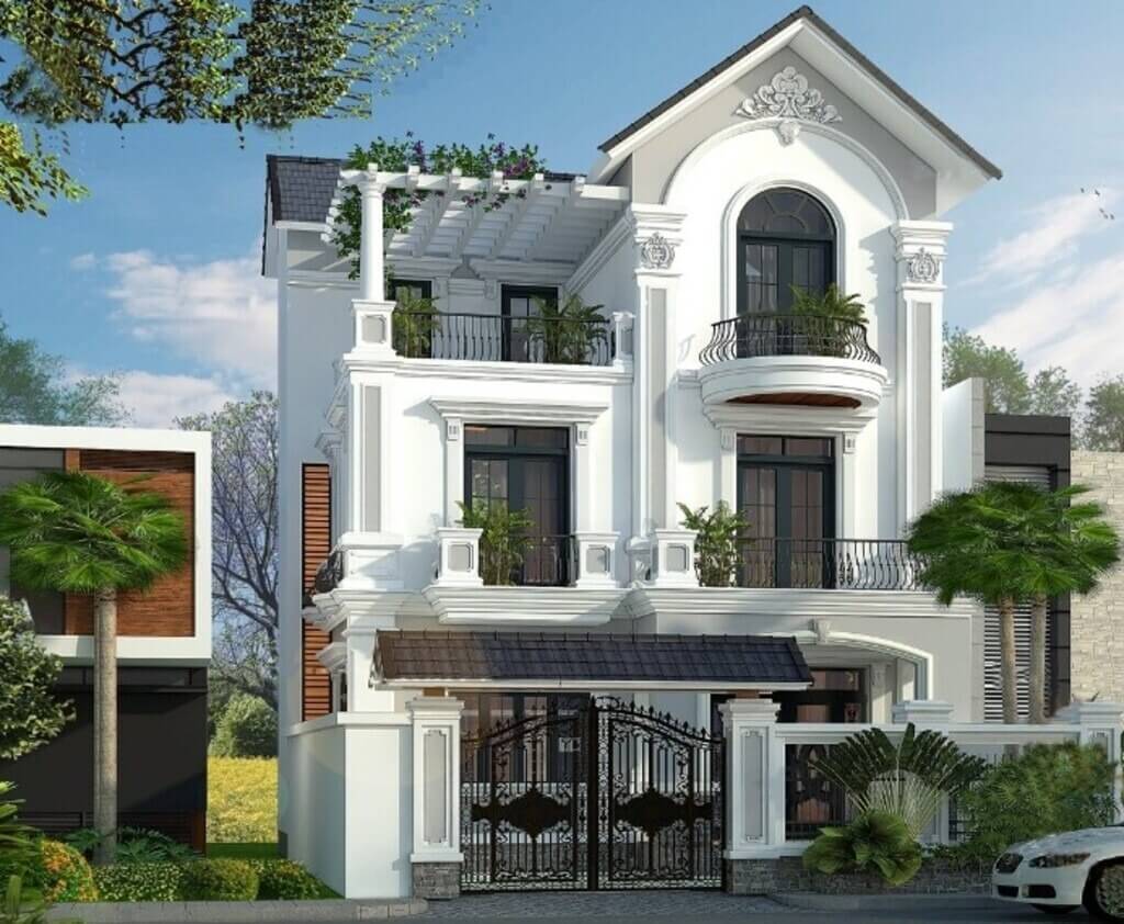 Màu sắc tương phản giúp khối mái Thái và hệ cột phào tân cổ điển nổi bật, tăng chiều sâu mặt tiền, tránh đơn điệu