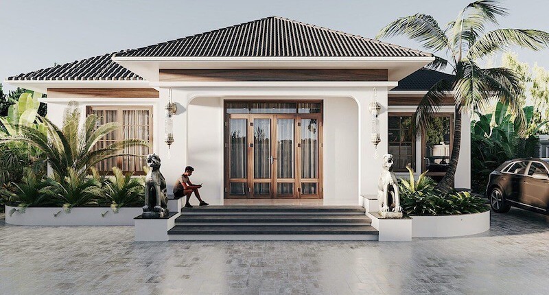 Biệt thự một tầng nổi bật mái Thái thanh thoát, mặt tiền cân xứng, cột vuông giản lược, gam sáng nhã nhặn, tạo cảm giác sang trọng nhẹ nhàng giữa không gian xanh 