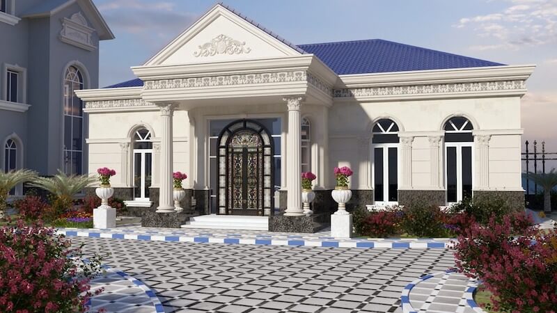 Sảnh đón trang trọng với cột tròn và cửa vòm lớn, kết hợp mái Thái cao ráo, tạo hình ảnh sang trọng, cổ điển rõ nét giữa khuôn viên sân vườn