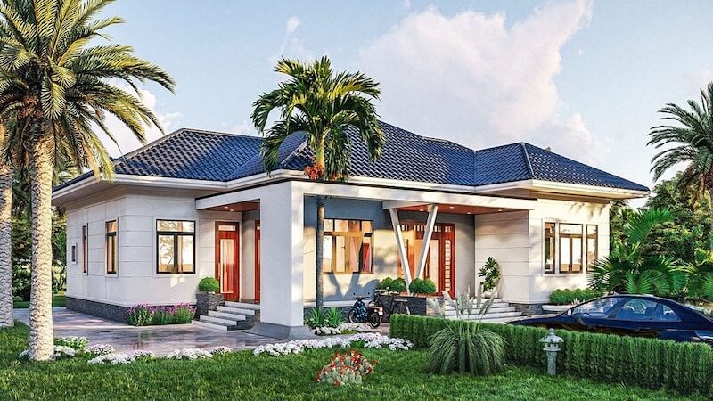 Mặt tiền sử dụng gam sáng trung tính, kết hợp cửa kính khung gỗ tăng cảm giác sang trọng nhưng vẫn gần gũi