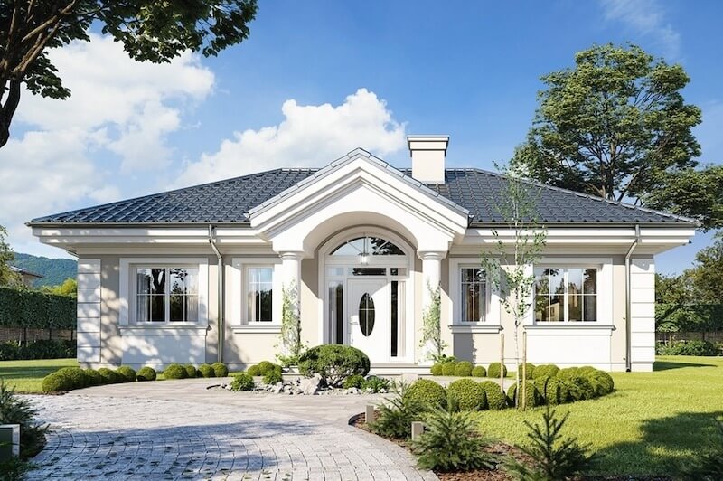 Ngôn ngữ Tân cổ điển được tiết chế tinh tế qua sảnh vòm trung tâm, cột trụ thanh mảnh, phào chỉ nhẹ ở diềm mái và khung cửa