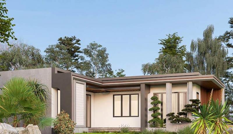 Ngôi nhà mang phong cách hiện đại với mái đua rộng và bố cục ngang cân đối, tạo cảm giác vững chãi.