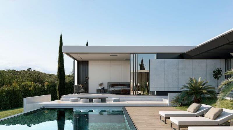 Không gian phòng ngủ được bố trí sát hồ bơi với vách kính lớn, giúp gia chủ vừa thư giãn vừa tận hưởng trọn vẹn ánh sáng và cảnh quan sân vườn