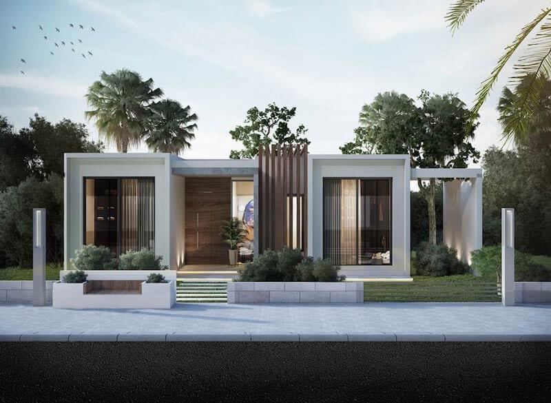 Thiết kế mặt tiền sử dụng các khối vuông cân đối, kết hợp lam gỗ trang trí ở khu vực trung tâm tạo điểm nhấn kiến trúc hiện đại