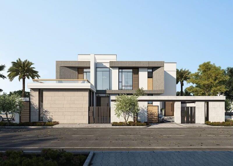 Biệt thự 2 tầng mái bằng nổi bật với bố cục hình khối vuông vức, các mảng tường lớn kết hợp đá ốp và lam gỗ tạo điểm nhấn hiện đại