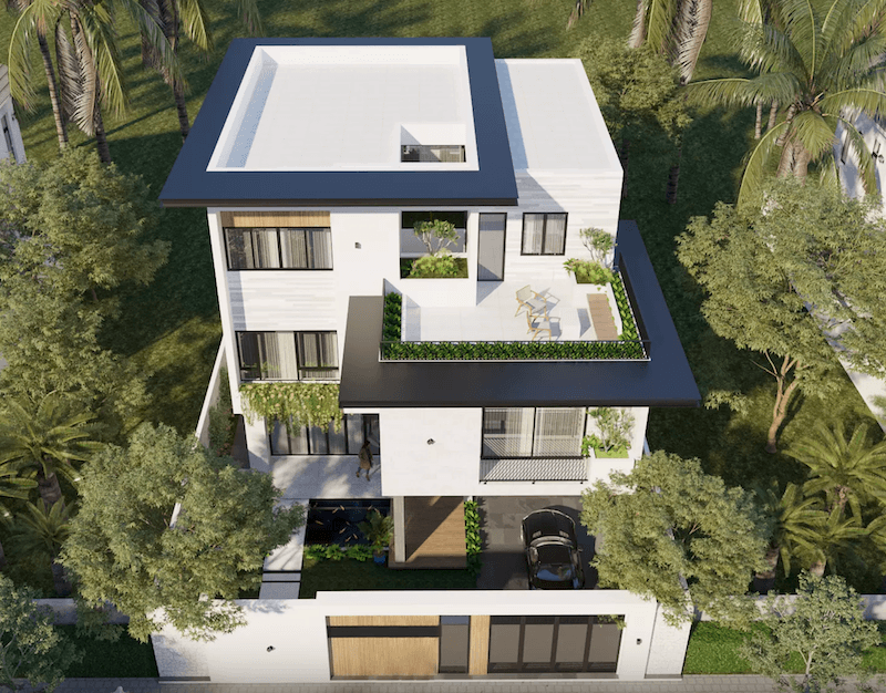 Sân thượng mái bằng có thể làm vườn rau, khu BBQ, quán cà phê mini, phòng gym ngoài trời hoặc không gian thư giãn ngắm cảnh