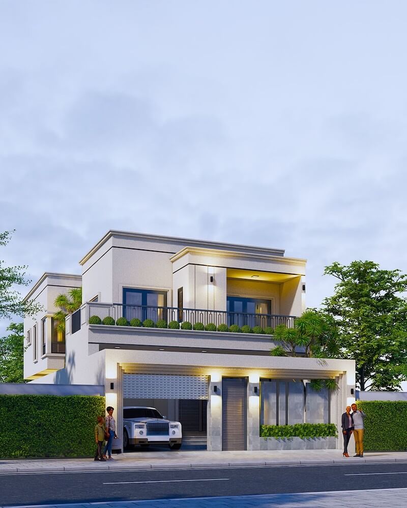 Tông màu trắng chủ đạo kết hợp lan can kim loại và hệ đèn ngoại thất tạo nên vẻ đẹp tinh tế, sang trọng