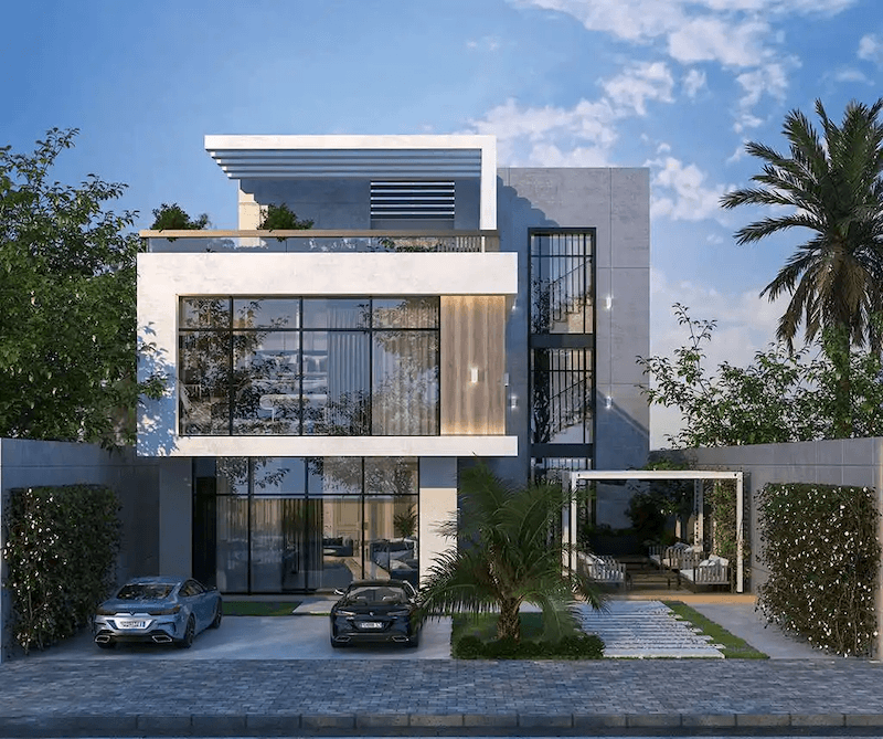 Biệt thự 2 tầng mái bằng mang phong cách hiện đại với các khối kiến trúc mạnh mẽ, kết hợp kính lớn giúp không gian luôn thông thoáng và tràn ngập ánh sáng tự nhiên