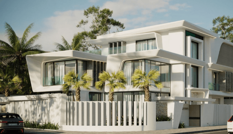 Mặt tiền tông trắng chủ đạo kết hợp hàng dừa cảnh và sân vườn xanh mát, tạo nên tổng thể sang trọng, thoáng đãng và đầy sức sống