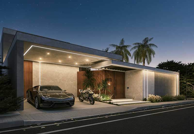 Mẫu nhà 1 tầng gây ấn tượng với mặt tiền tối giản, mái đua rộng kết hợp hệ đèn âm trần tạo hiệu ứng ánh sáng sang trọng vào ban đêm