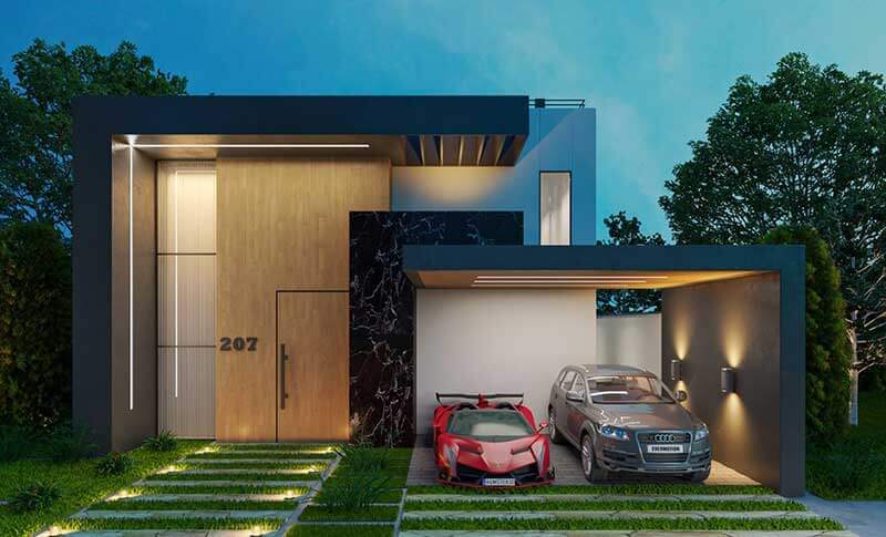 Thiết kế gây ấn tượng với các khối kiến trúc mạnh mẽ, mái đua rộng kết hợp vật liệu gỗ và đá ốp tạo chiều sâu cho mặt tiền