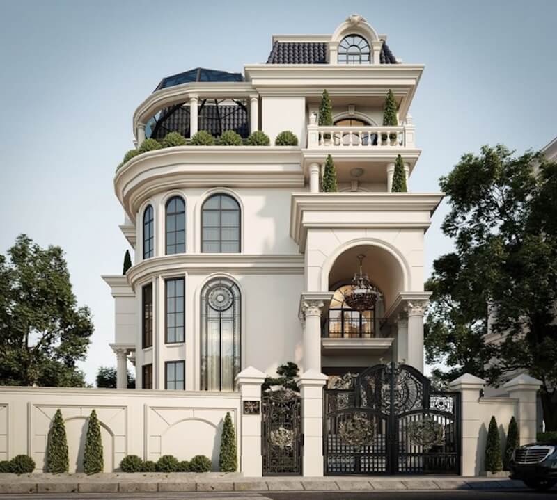 Khối bo cong mềm mại ôm trọn góc nhà tạo nên đường nét uyển chuyển hiếm thấy, giúp tổng thể biệt thự tân cổ điển vừa bề thế vừa đầy tính nghệ thuật