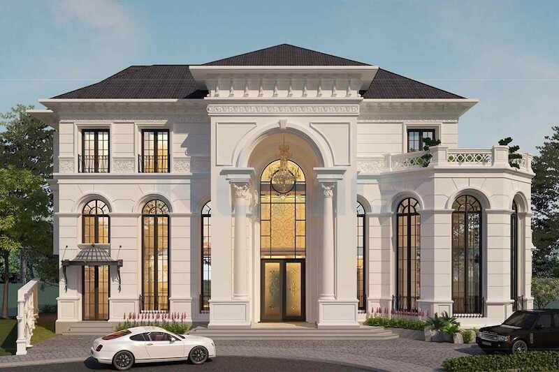 Hệ cột Corinth thanh thoát và đèn chùm pha lê rực sáng tạo nên trục đối xứng đầy quyền uy, khẳng định khí chất sang trọng của biệt thự