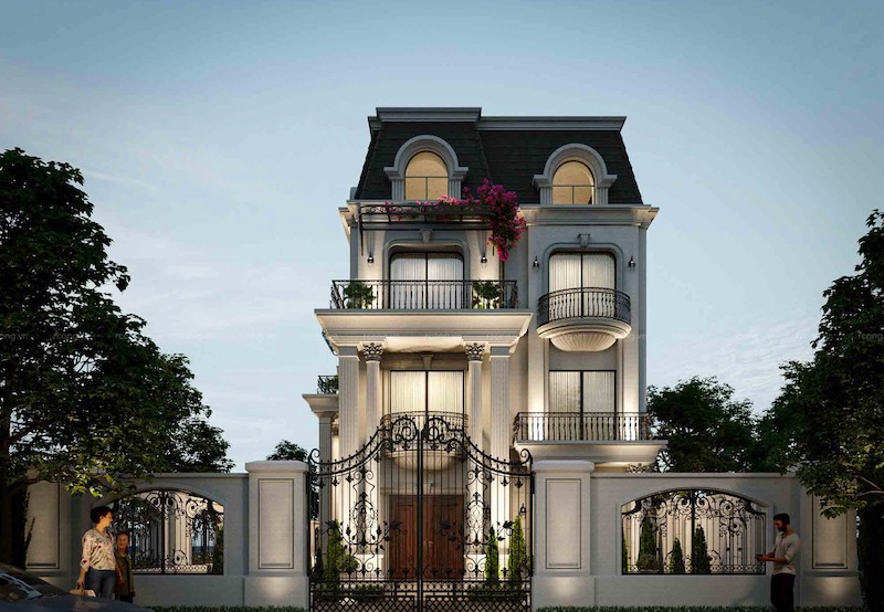 Mái Mansard đen huyền quyền quý, tạo tỷ lệ cao ráo và phom dáng bề thế, chuẩn tinh thần kiến trúc Pháp sang trọng