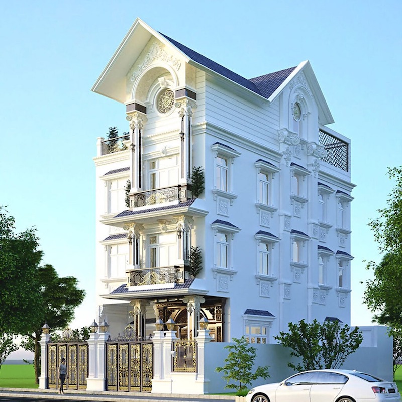 Mảng phù điêu vòm tròn tinh xảo ở tầng áp mái, tạo điểm nhấn nghệ thuật đậm chất châu Âu và nâng tầm vẻ đẹp quyền quý cho toàn bộ mặt tiền