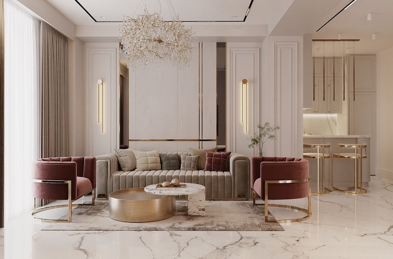 Đèn chùm nghệ thuật ánh vàng kim, tạo hiệu ứng lấp lánh đầy chất quý phái, hòa quyện cùng nội thất bọc nhung và chi tiết mạ vàng tinh tế, mang lại vẻ đẹp đẳng cấp