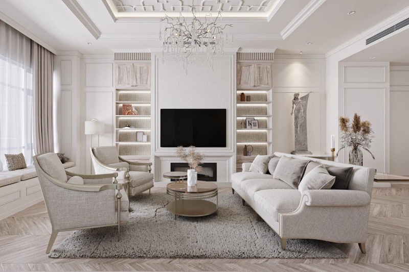 Phòng khách căn hộ mang đậm tinh thần Kiến trúc Tân cổ điển với bố cục đối xứng chuẩn mực, hệ phào chỉ tinh giản và trần giật cấp tạo chiều sâu thanh lịch