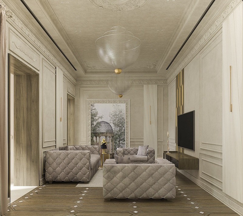 Trần trang trí hoa văn đắp nổi trung tâm, kết hợp đèn thả nghệ thuật mang sắc ánh kim, làm tăng vẻ sang trọng mà vẫn giữ sự tiết chế đặc trưng của Tân cổ điển