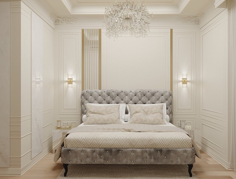 Hệ phào chỉ âm tường tinh gọn kết hợp mảng tường phẳng tạo chiều sâu nhẹ nhàng, giữ được nét sang trọng mà vẫn phù hợp diện tích chung cư