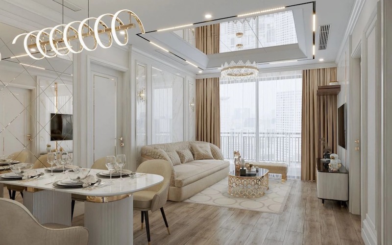 Gam màu kem - vàng champagne chủ đạo kết hợp ánh sáng tự nhiên từ cửa kính lớn giúp không gian luôn sáng thoáng và cao ráo