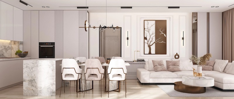 Hệ phào chỉ tường được tiết chế nhẹ nhàng, kết hợp tranh treo nghệ thuật tông nâu trầm, mang lại chiều sâu thẩm mỹ mà không làm không gian trở nên nặng nề