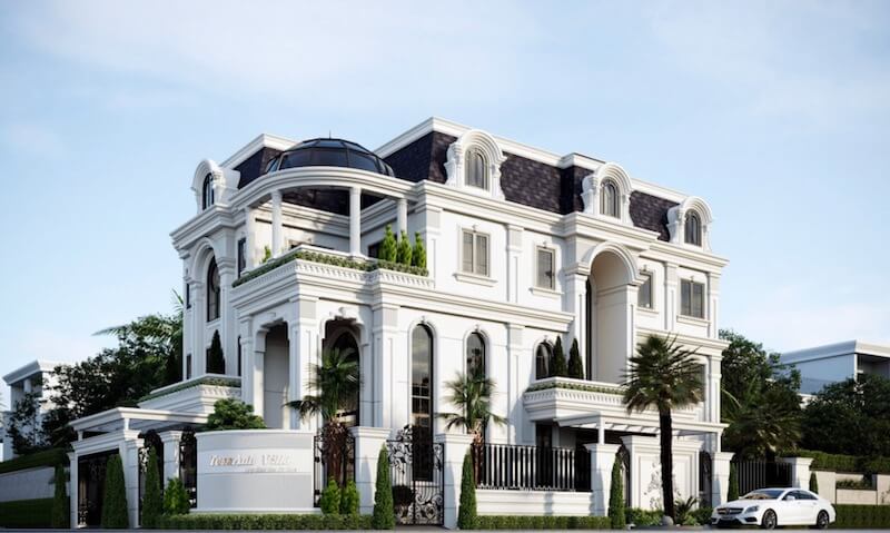 Khối mái Mansard phối cửa vòm mềm mại tạo nên điểm nhấn sang trọng, tôn vẻ bề thế và chiều sâu kiến trúc tổng thể công trình