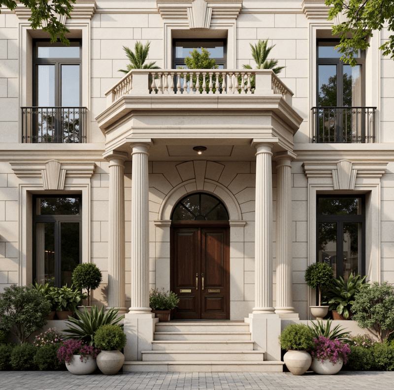Lối vào nổi bật với hệ cột tròn vươn cao, cửa gỗ vòm sang trọng, ban công balustrade đá và mảng xanh tạo cảm giác đẳng cấp