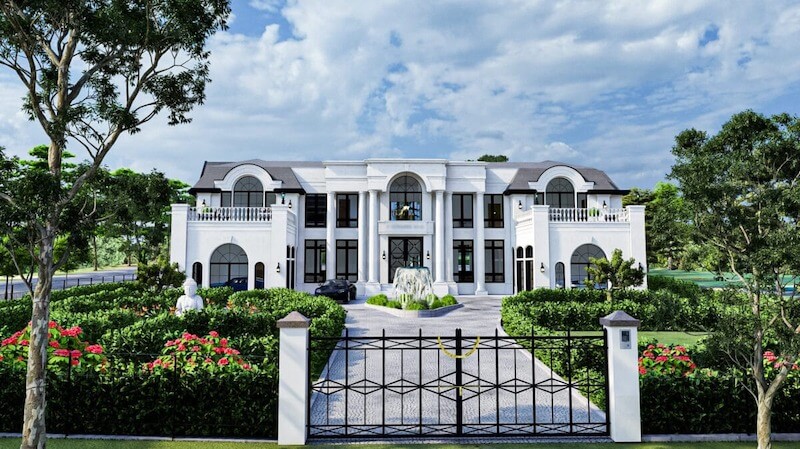 Sự kết hợp giữa kiến trúc tân cổ điển và cảnh quan sân vườn tạo nên không gian sống đẳng cấp, riêng tư