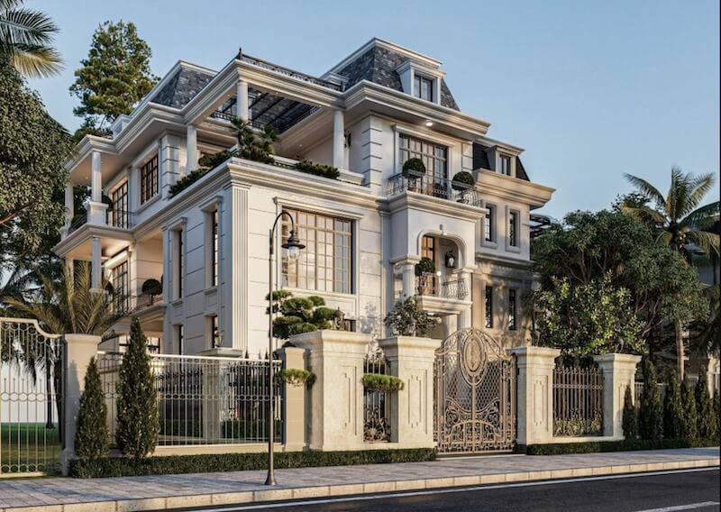 Khối kiến trúc bề thế, mái Mansard đặc trưng kết hợp phào chỉ tinh xảo, lan can sắt nghệ thuật và cổng lớn tạo diện mạo sang trọng, quyền uy