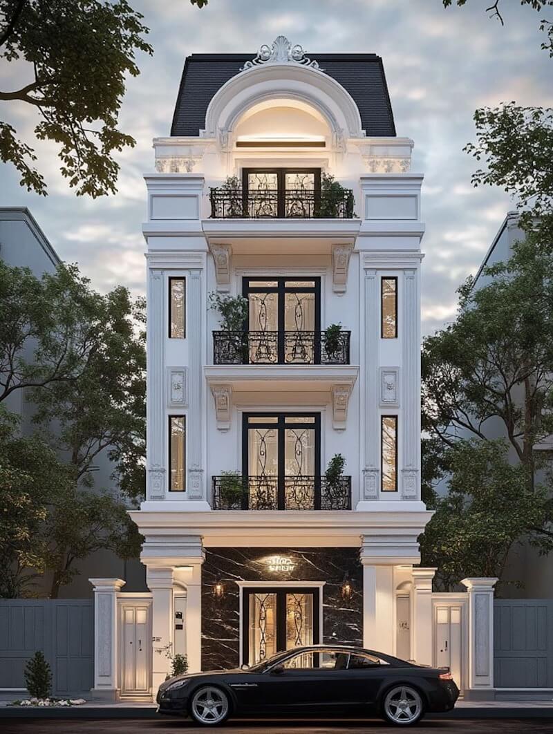 Lan can sắt mỹ thuật và hệ cửa kính khung tối màu tạo điểm nhấn tinh tế, tăng cảm giác quyền quý khi nhìn từ xa