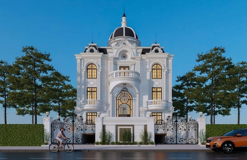 Phào chỉ, phù điêu được xử lý dày dặn nhưng tinh xảo, tập trung quanh cửa vòm, cột trụ và lan can, thể hiện rõ tính quyền lực và địa vị