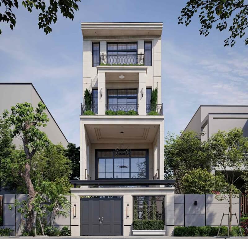 Tông màu sáng chủ đạo phối cùng khung cửa tối màu tạo độ tương phản vừa phải, giữ được tinh thần cổ điển nhưng vẫn hiện đại, sạch sẽ