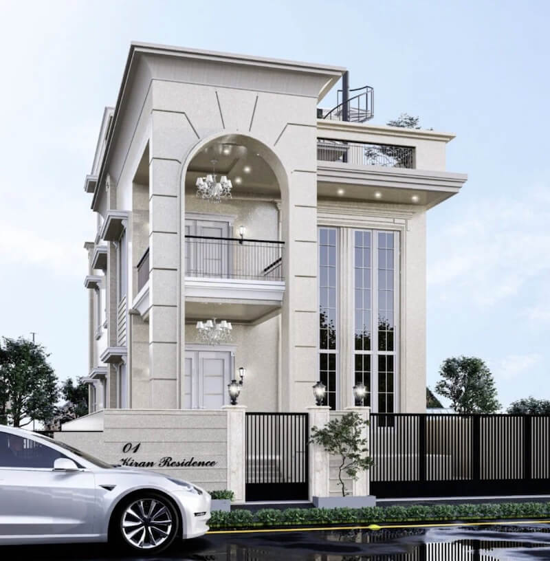 Hệ cửa vòm lớn ở ban công tạo điểm nhấn cổ điển vừa đủ, kết hợp cửa kính cao kịch trần để tăng ánh sáng tự nhiên và cảm giác mở