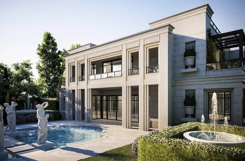 Hồ nước trung tâm và đài phun tạo trục cảnh quan rõ ràng, dẫn ánh nhìn từ sân vườn hướng thẳng vào khối nhà, đồng thời mang lại âm thanh nước chảy nhẹ, giúp cân bằng cảm xúc