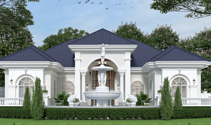 Không gian trung tâm là đài phun nước nhiều tầng kết hợp tượng điêu khắc, đặt thẳng trục sảnh chính, tạo điểm nhấn thị giác mạnh và cảm giác nghi thức ngay từ khoảng sân trước