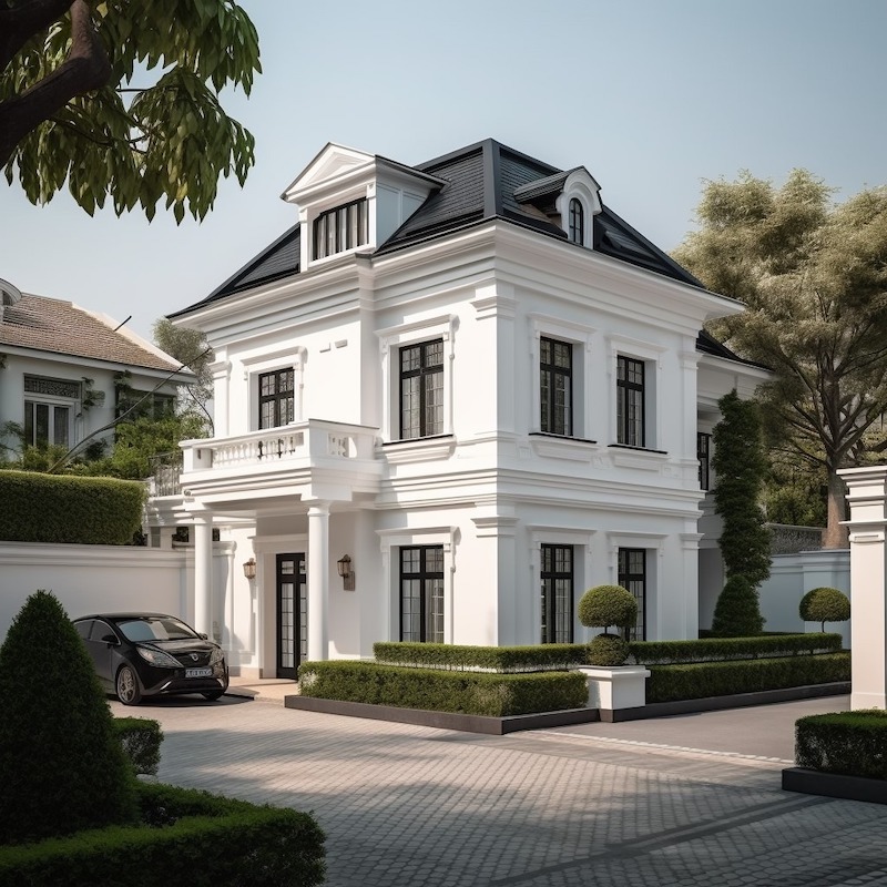 Công trình nổi bật với bố cục đối xứng chặt chẽ, hệ cột vuông giản lược kết hợp phào chỉ tinh tế, đúng tinh thần tân cổ điển Pháp