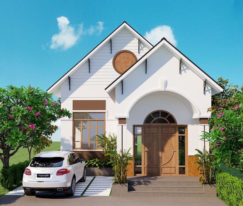 Thiết kế màu trắng thanh lịch với sảnh đón vòm cong, cửa gỗ đại hội và hệ mái dốc cao tạo khoảng không lý tưởng để thiết kế thêm gác lửng tiện nghi cho mẫu nhà 1 tầng