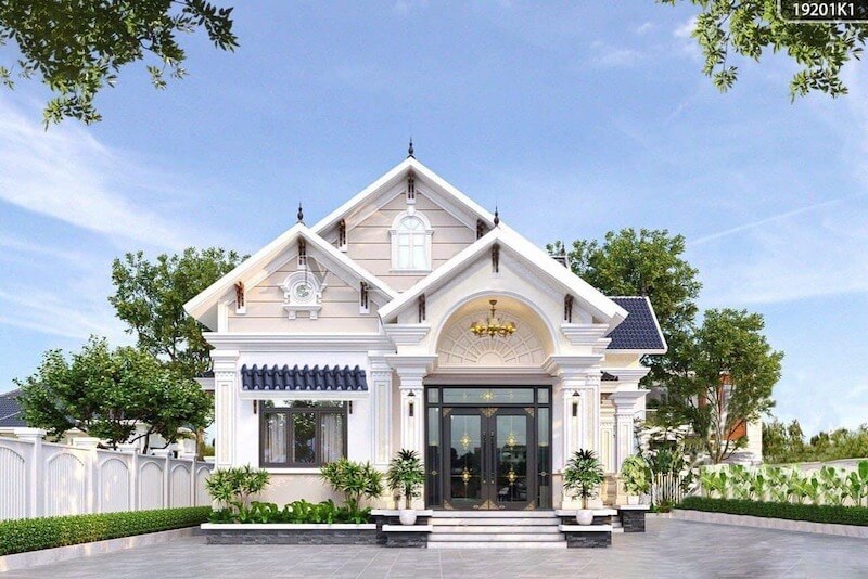 Thiết kế mái dốc đa tầng màu xanh ghi phối cùng tường kem nhã nhặn,có thể tối ưu diện tích sử dụng bằng cách bố trí thêm gác lửng thông thoáng