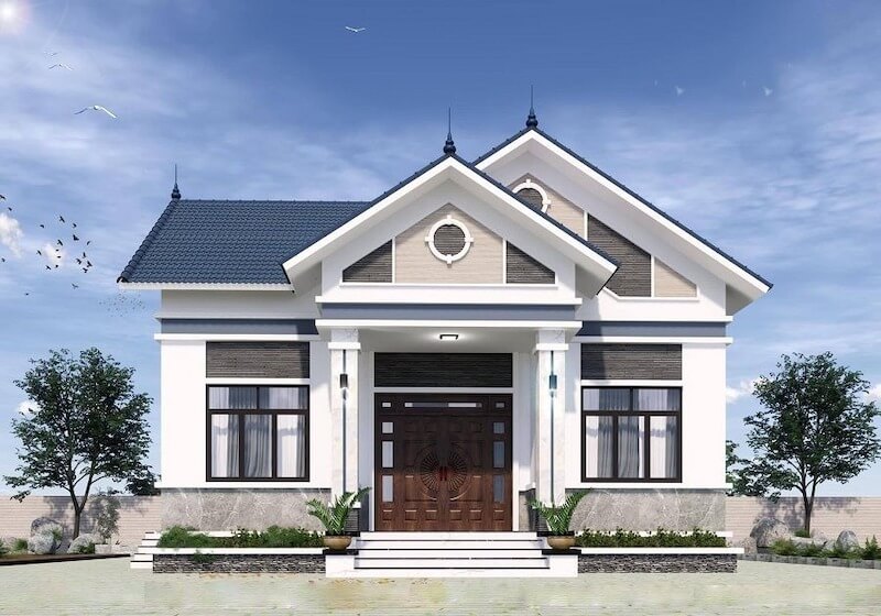 Hệ mái chữ A trong thiết kế này có độ dốc lớn, tạo ra khoảng không thông tầng phía sau sảnh chính, thích hợp bố trí gác lửng làm phòng thờ hoặc không gian sinh hoạt chung