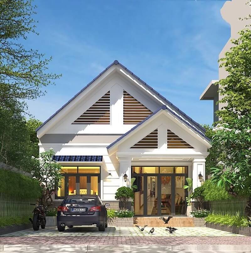 Thiết kế mặt tiền hiện đại với sảnh đón rộng, hệ cửa kính kịch trần sang trọng giúp kết nối không gian phòng khách với tầng lửng