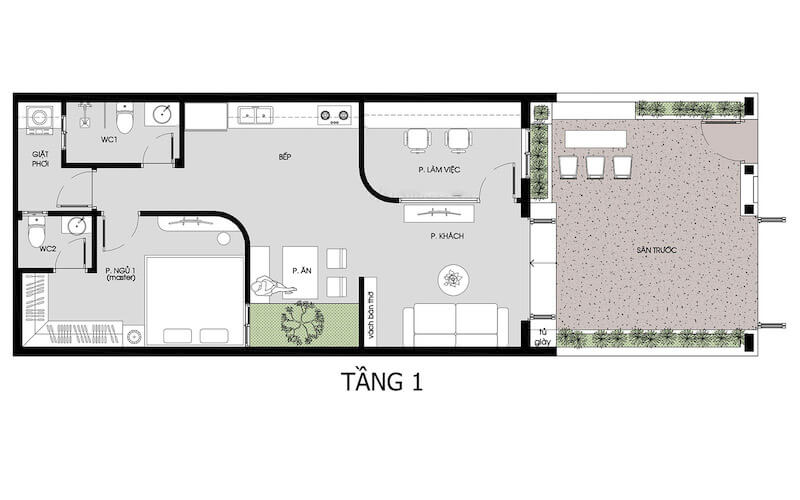 Sơ đồ bố trí nội thất tầng 1 giúp tối ưu diện tích với phòng khách ngăn với khu bếp bằng bàn ăn, phòng ngủ Master có WC riêng đảm bảo sự riêng tư