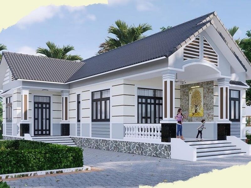 Thiết kế nhà 1 tầng tân cổ điển mái Thái diện tích vừa vặn, có thể bố trí 2 phòng ngủ thông thoáng, thẩm mỹ cao