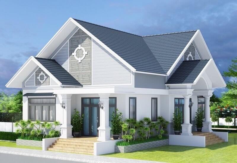 Mẫu nhà 1 tầng tân cổ điển 2 phòng ngủ mái Thái xanh ghi, thiết kế hệ cột trụ vững chãi và bậc tam cấp cao ráo, giúp tối ưu công năng và chuẩn phong thủy