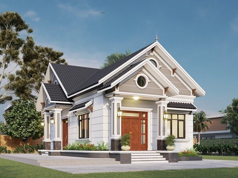 Kiến trúc nhà 1 tầng màu xám đen quyền quý, thiết kế cửa gỗ đại hội và các chi tiết phào chỉ tinh xảo, hướng nhà và bố trí cửa sổ vô cùng phong thủy