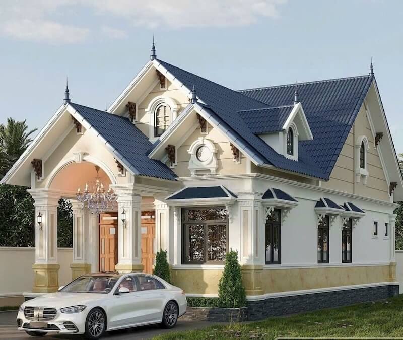 Thiết kế nhà 1 tầng diện tích lớn cho 3-4 phòng ngủ theo phong cách tân cổ điển, kết hợp nhiều mái phụ và cửa sổ vòm tạo không gian sống thông thoáng