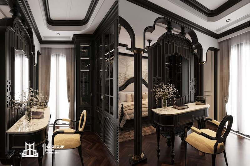 Góc bàn trang điểm phong cách Đông Dương nổi bật với vòm cong và hoa văn gỗ chạm khắc tinh tế