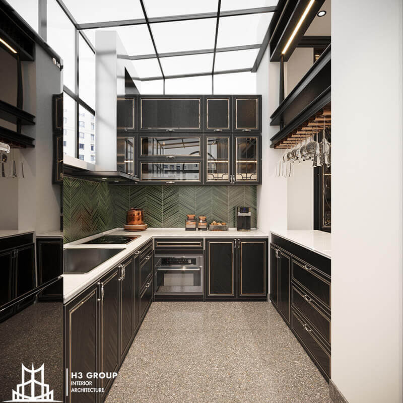 Mảng tường gạch xương cá xanh rêu tạo điểm nhấn, mang lại chiều sâu và nét hoài cổ tinh tế